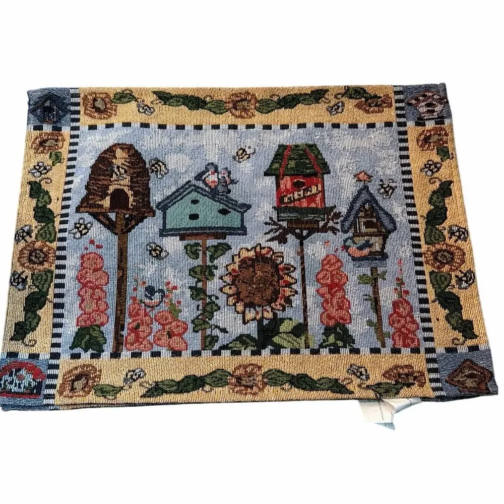 4 vintage tapestry placemats with birdhouses and sunflowers